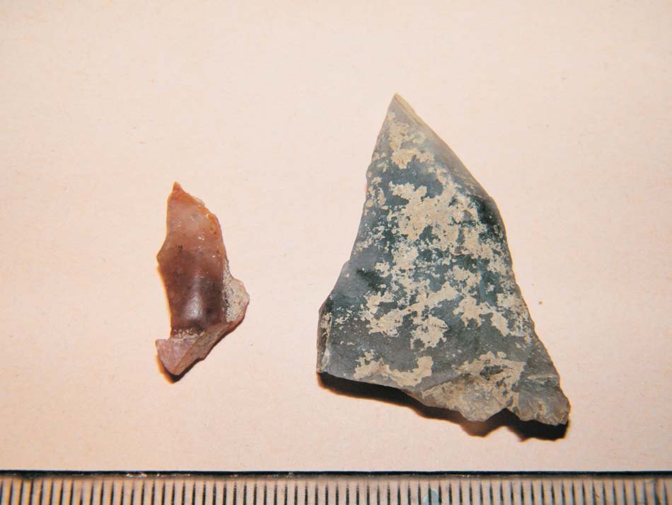 Dos fragments de sílex sobre fons blanc