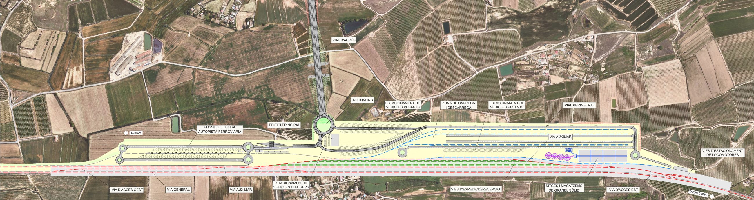 Planta de la terminal sobre ortofoto: vies d'expedició i recepció, zona de càrrega, sitges de granel, edifici principal, rotonda i vial d'accés, paral·leles a la via general
