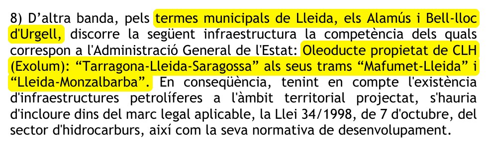 Informe del Ministeri: pels termes municipals de Lleida, els Alamús i Bell-lloc d'Urgell discorre l'oleoducte propietat de CLH (Exolum) Tarragona-Lleida-Saragossa, als seus trams Mafumet-Lleida i Lleida-Monzalbarba