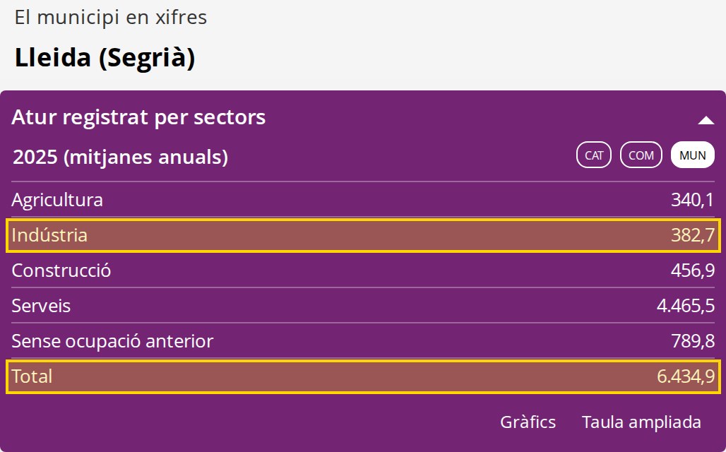 Fitxa de l'Idescat El municipi en xifres, Lleida: atur registrat per sectors, mitjanes anuals de 2025. Agricultura 340,1; indústria 382,7; construcció 456,9; serveis 4.465,5; sense ocupació anterior 789,8; total 6.434,9