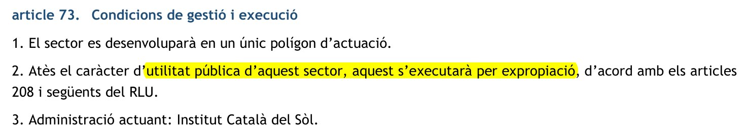 Normativa del 2022, article 73, sector Torreblanca: Atès el caràcter d'utilitat pública d'aquest sector, aquest s'executarà per expropiació