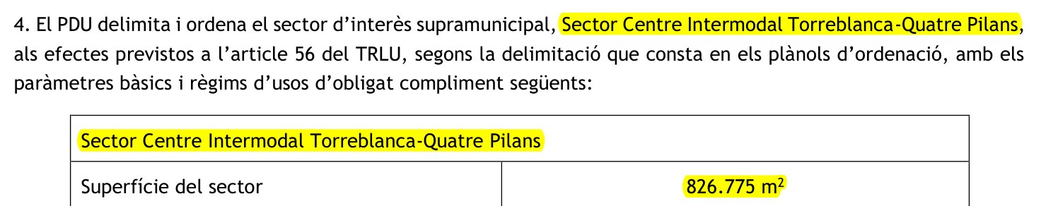 Normativa del 2022, article 45.4: el PDU delimita i ordena el Sector Centre Intermodal Torreblanca-Quatre Pilans, superfície del sector 826.775 metres quadrats