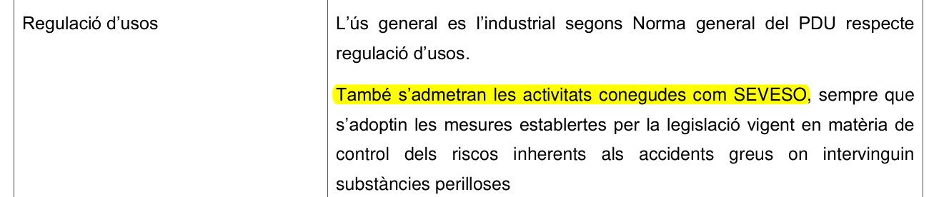 Normativa del 2022, zona de gigaparcel·la: També s'admetran les activitats conegudes com SEVESO, sempre que s'adoptin les mesures establertes per la legislació