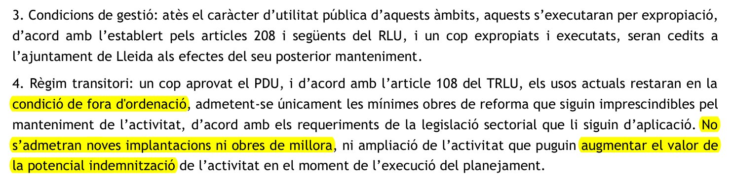 Normativa del 2026, àmbits d'execució directa en sòl no urbanitzable: s'executaran per expropiació i els usos actuals restaran en la condició de fora d'ordenació; no s'admetran obres de millora que puguin augmentar el valor de la potencial indemnització