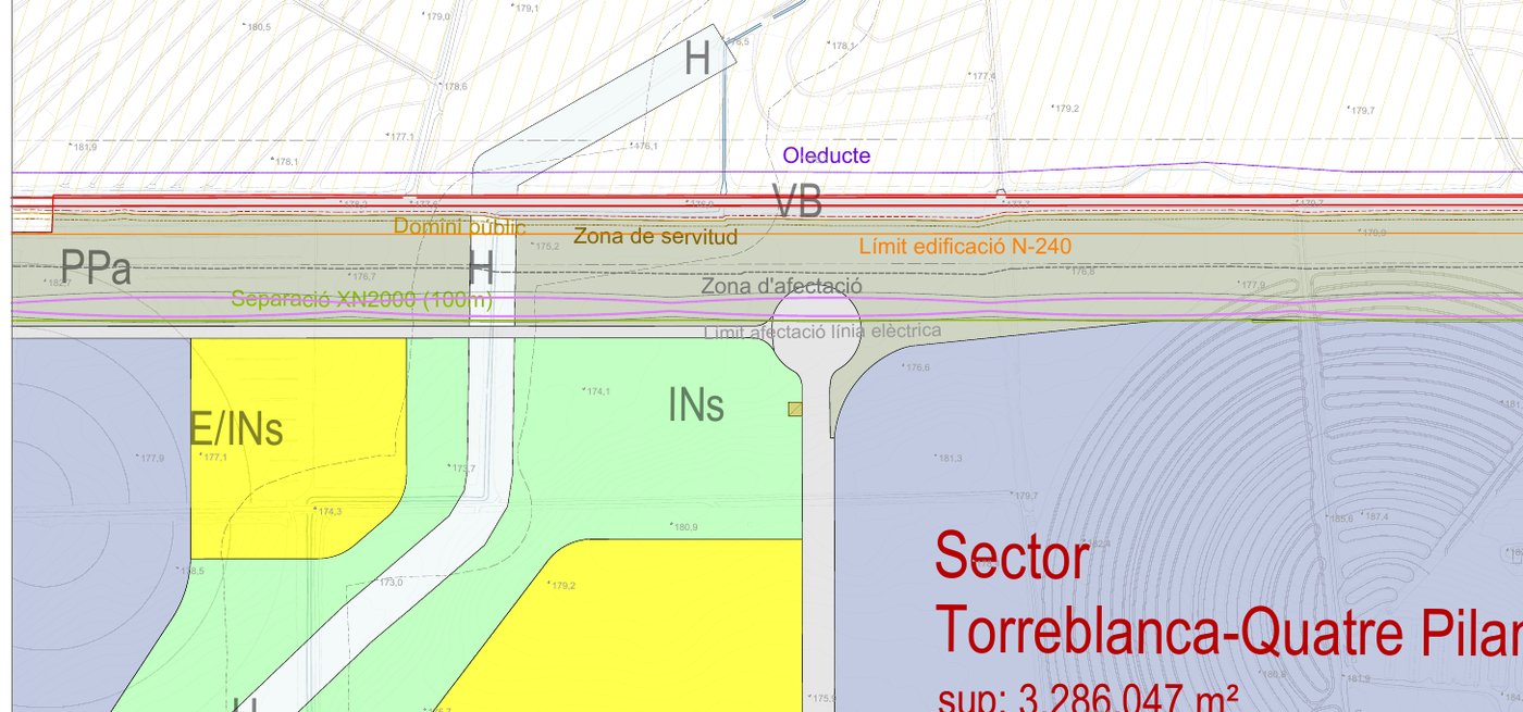 Detall del plànol O.04.b.3 del pla: la línia lila de l'oleoducte corre al nord de la N-240; al sud, la franja de protecció paisatgística i les parcel·les d'activitat econòmica del sector Torreblanca-Quatre Pilans