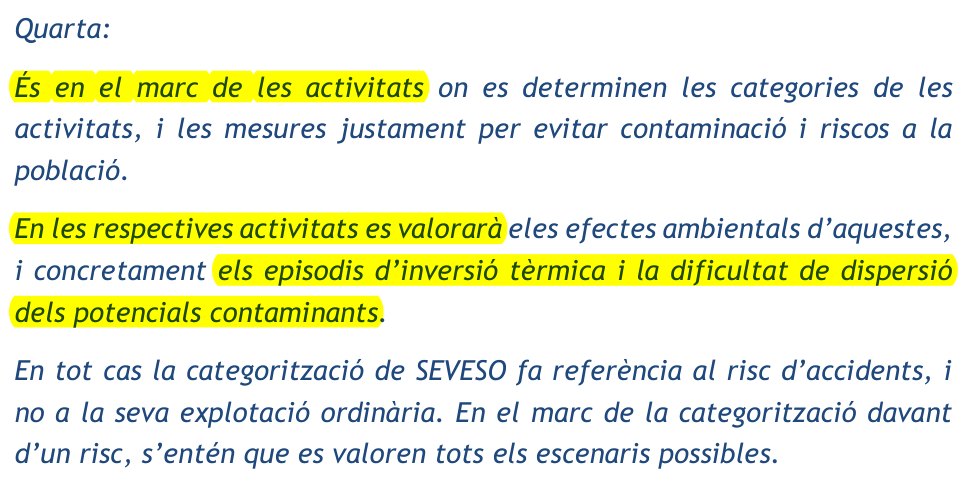 Resposta del pla a una al·legació sobre les activitats Seveso: en les respectives activitats es valorarà els episodis d'inversió tèrmica i la dificultat de dispersió dels potencials contaminants