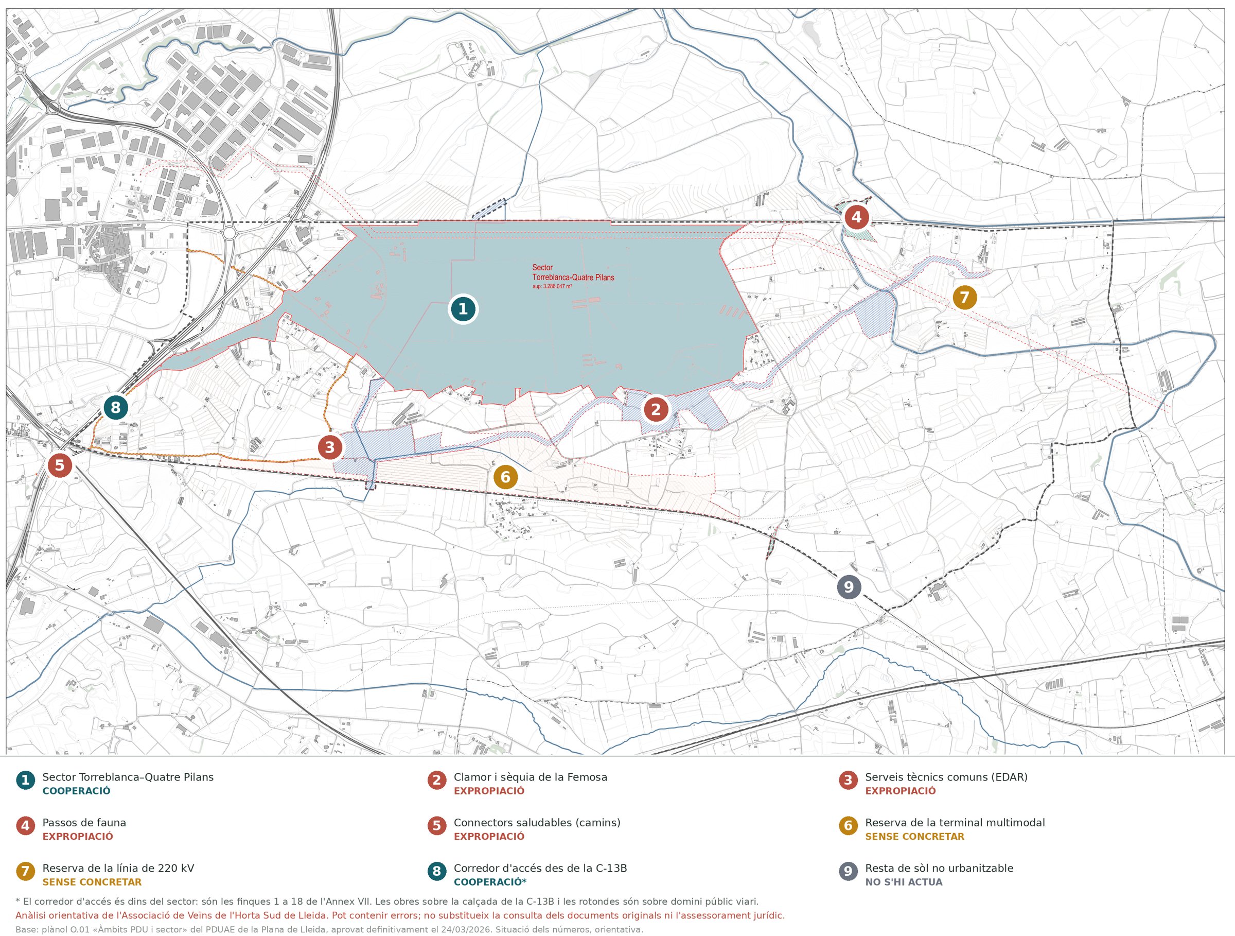 Mapa del sector Torreblanca–Quatre Pilans amb les nou zones numerades segons el sistema d'actuació